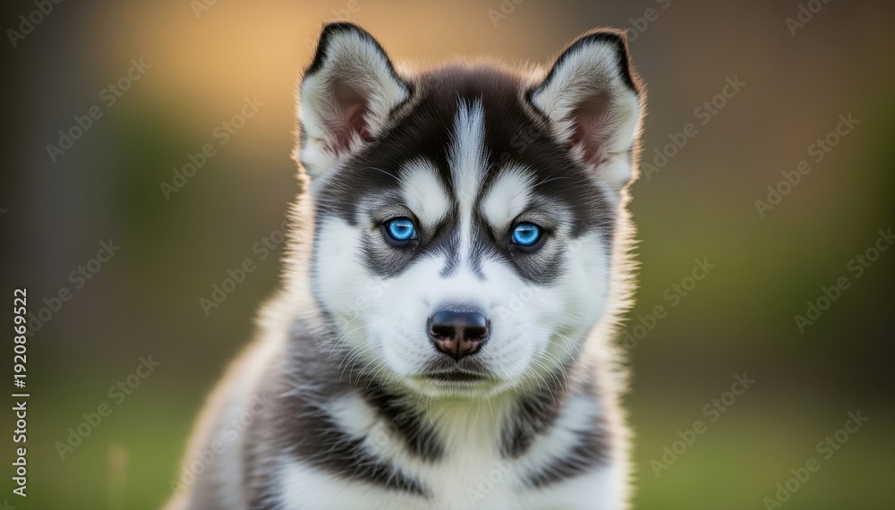 Obraz premium Majestic Husky Portrait: A captivating close-up of a stunning Husky puppy, with piercing blue eyes, exudes a sense of serene confidence and loyalty. 