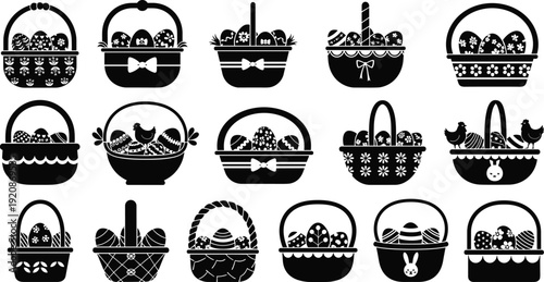 Easter basket silhouettes collection with decorated eggs, bunny and spring holiday elements isolated on light background, festive seasonal vector illustration set