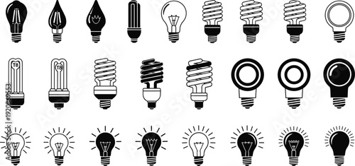 Light bulb icons collection with incandescent, halogen, fluorescent and LED lamps isolated on light background, energy saving lighting technology vector illustration set