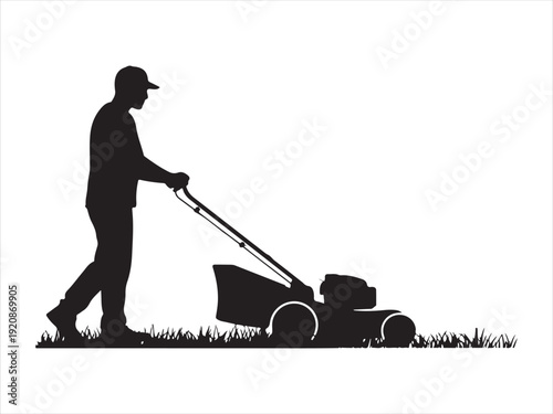 Man mowing lawn with push mower silhouette, Man pushing an old green lawn mower silhouette Vector Illustration Isolated on White Background
