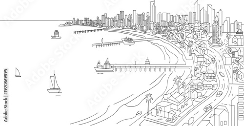 A detailed black and white line of a coastal city with ships, buildings, and palm trees line coastal city