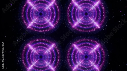 Four shimmering blue circular portals with pink accents against a dark background