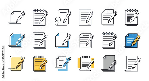 Writing and Editing Icons Set: Paper and Pencil Symbols
