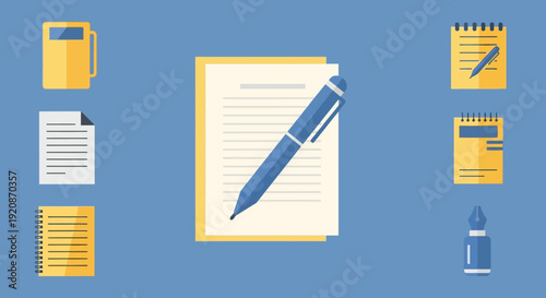 Writing Tools Flat Vector Illustration on Blue Background