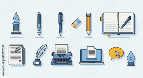 Writing Tools Icons: Pen, Pencil, Typewriter, Laptop