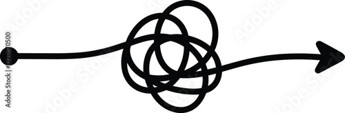 Black line of tangled thread with arrow pointing to the right knot