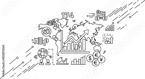 World map with business charts and graphs illustrating financial growth