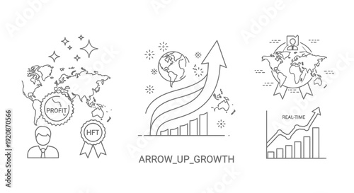 Line art illustrations of financial growth and global business concepts