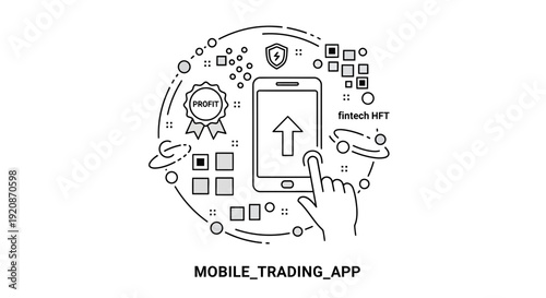 Mobile trading app concept illustration with hand touching up arrow symbol