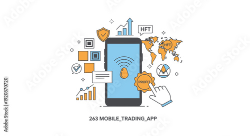 Mobile trading application concept with chart world map and icons