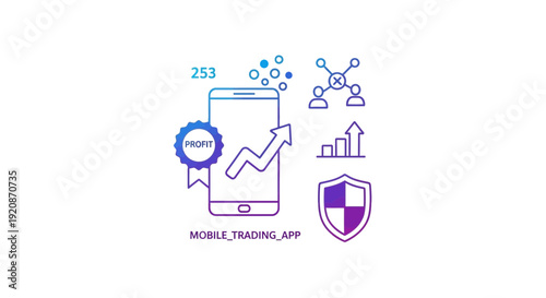 Mobile trading application with financial growth icons and user interface elements