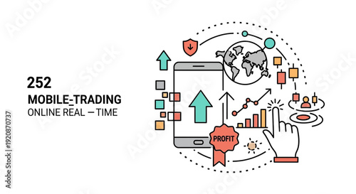 Mobile trading concept smartphone with financial charts and icons