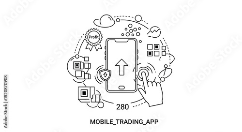 Smartphone trading app illustration with upward arrow and finger touching screen
