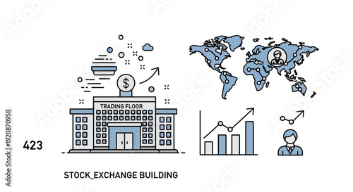 Stock exchange building and global finance icon set for business concepts