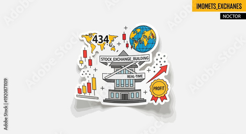 Stock exchange building with world map and profit arrow illustration