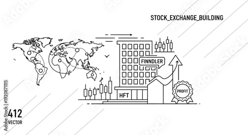Stock exchange building with world map and financial charts vector illustration