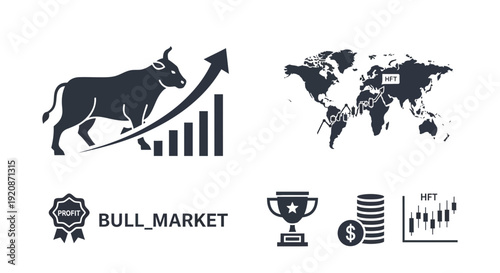 Stock market bull concept illustration with charts and financial symbols