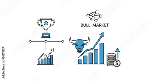 Stock market bull market financial growth concept with charts and trophy