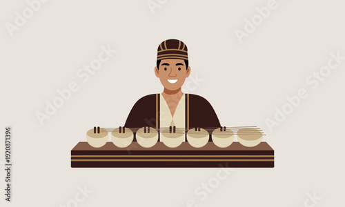 Asian man holding tea cups.