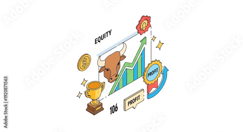 Stock market investment illustration with bull chart coin and trophy