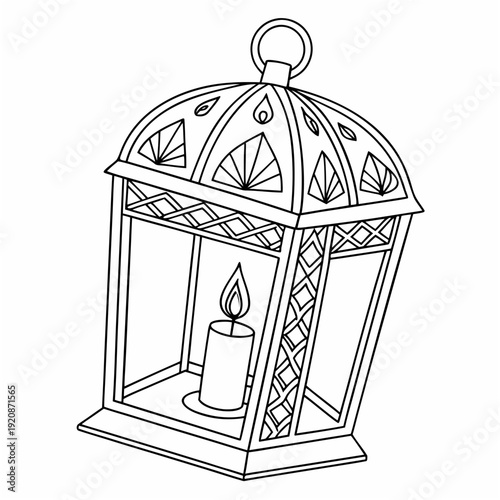 Detailed black and white line art of ornate decorative lantern with lit candle, coloring page illustration.
