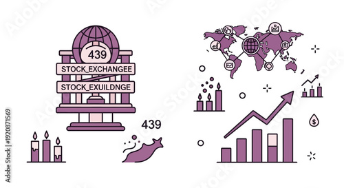 Stock market trading and finance concept illustration with charts and world map