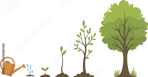 Green tree growth stages with watering can leaves