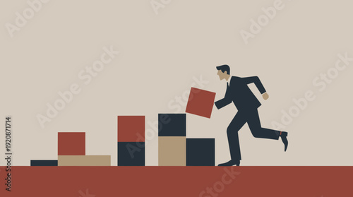 Businessman running with briefcase up steps.