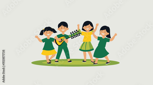 Children dancing and playing music together.