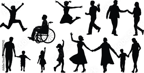Inclusive silhouettes of diverse people in motion, featuring children, adults, and wheelchair user, symbolizing diversity, unity, companionship, play, dance, and human connection