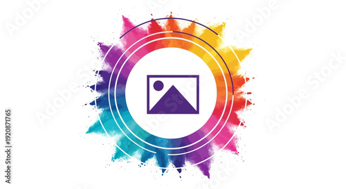 Colorful Holi festival banner template with a vibrant, paint-splattered design and a central icon on a white background, ideal for social media posts and business promotions.