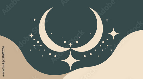 Crescent Moon and Stars in Space.