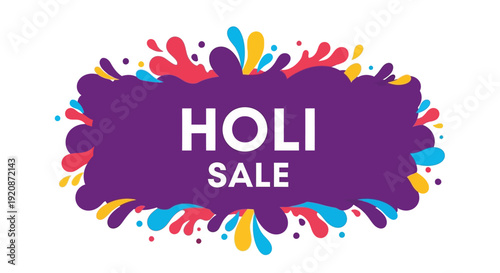 Colorful Holi festival sale banner template with vibrant paint splashes on a purple background, ideal for social media posts and business promotions in India.