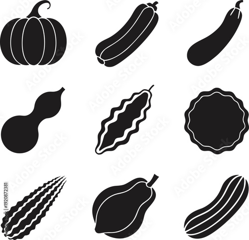 Black and white of various vegetables and gourds in different shapes and sizes pumpkin