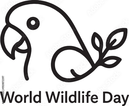 World wildlife day with minimalist black outline parrot and twig with leaves forming clean and simple vector illustration on transparent background