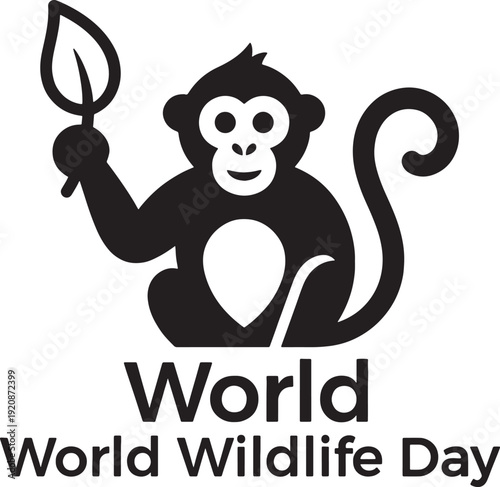 World wildlife day tribute with black silhouette of monkey holding leaf on transparent background vector illustration