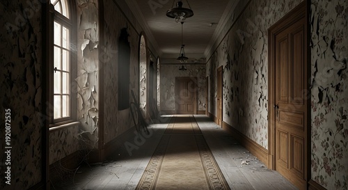 Wallpaper Mural Dilapidated interior hallway with peeling paint and natural light architectural design Torontodigital.ca