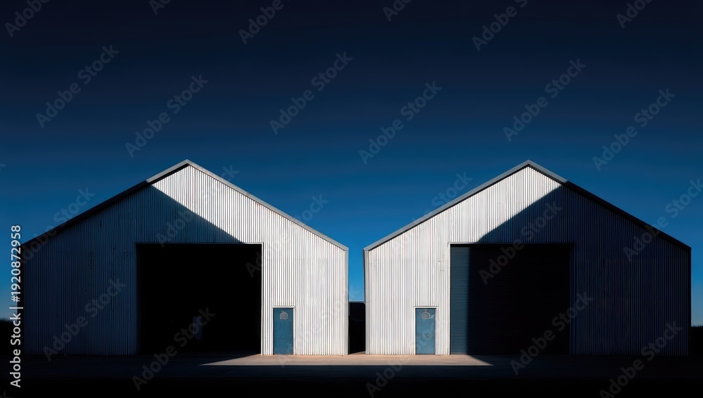 Obraz premium Symmetrical barns with open bays, bathed in stark sunlight under a deep blue sky