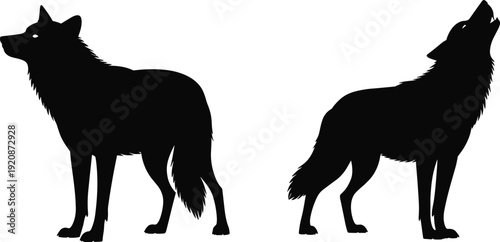Black and white wolf silhouettes featuring alert standing wolf and howling wolf, symbolizing wildlife, nature, wilderness, animal behavior, strength, and iconic predator presence in art and design