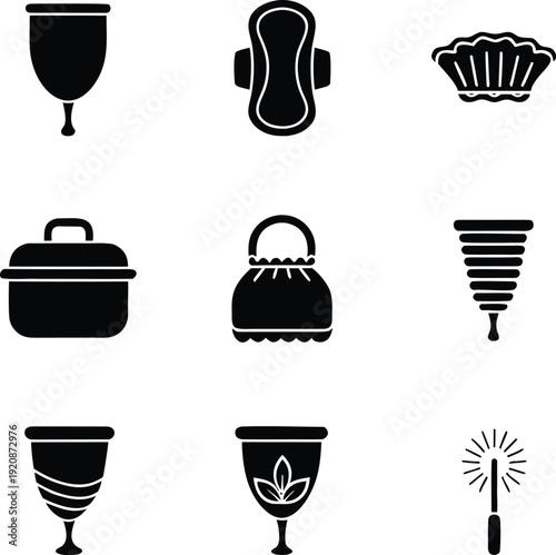 Various menstrual products and related in black and white menstrual cup tampon sanitary pad