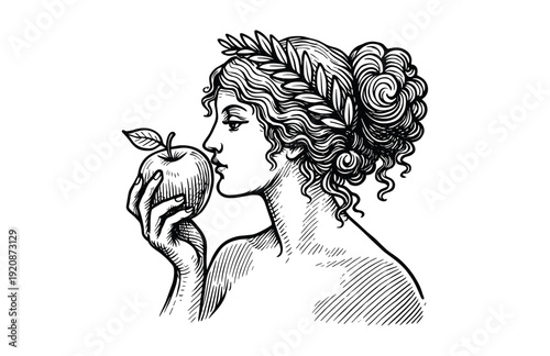 Hand Drawn Engraving Woodcut Illustration of Classical Woman Holding Apple