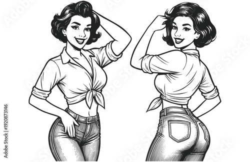 Hand Drawn Engraving Woodcut Illustration of Retro Pin Up Women Set