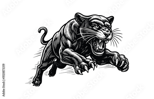 Hand Drawn Engraving Woodcut Illustration of Roaring Black Panther Attack