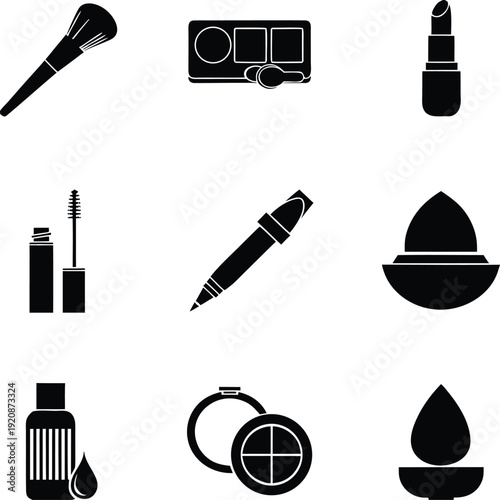 Black and white of makeup tools and products arranged in a grid brush palette lipstick