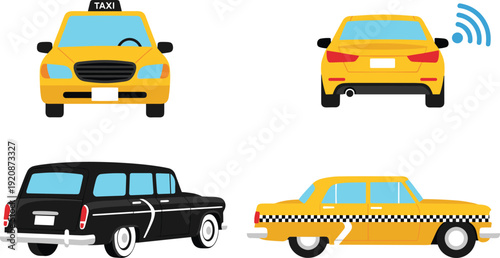 Taxi car illustration set showing front rear and side views, yellow cab vehicle design, flat cartoon transport icons isolated