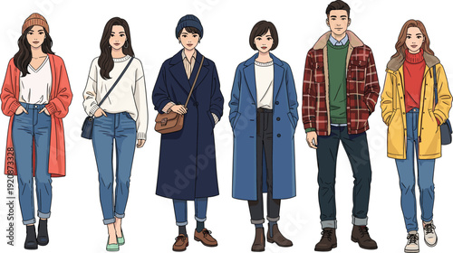 Stylish young men and women wearing casual autumn outfits, full body fashion characters, modern streetwear illustration isolated on white background