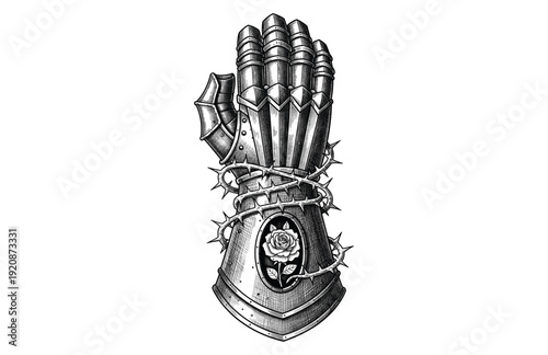 Hand Drawn Engraving Woodcut Illustration of Medieval Knight Gauntlet Wrapped in Thorn Vines with Rose