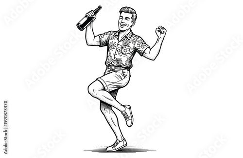 Hand Drawn Engraving Woodcut Illustration of Happy Young Man Celebrating with Beer Bottle