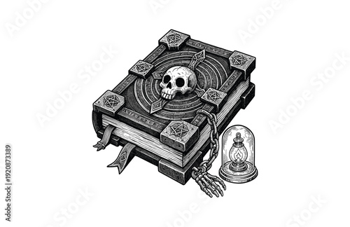 Hand Drawn Engraving Woodcut Illustration of Occult Spell Book with Skull and Pentagram