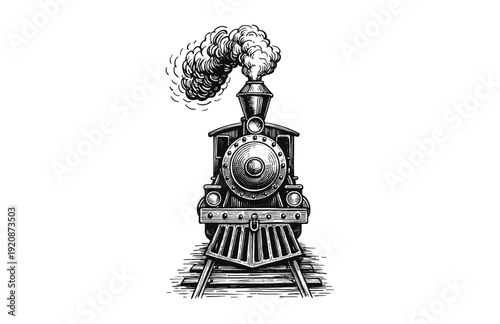 Hand Drawn Engraving Woodcut Illustration of Classic Steam Train Front View
